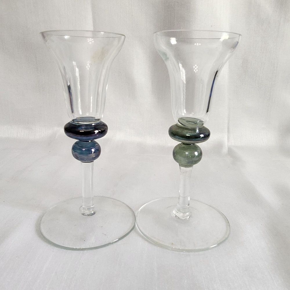 Hand-Blown Glass Wine Goblets With Blue‎ & Green Swirl Beads